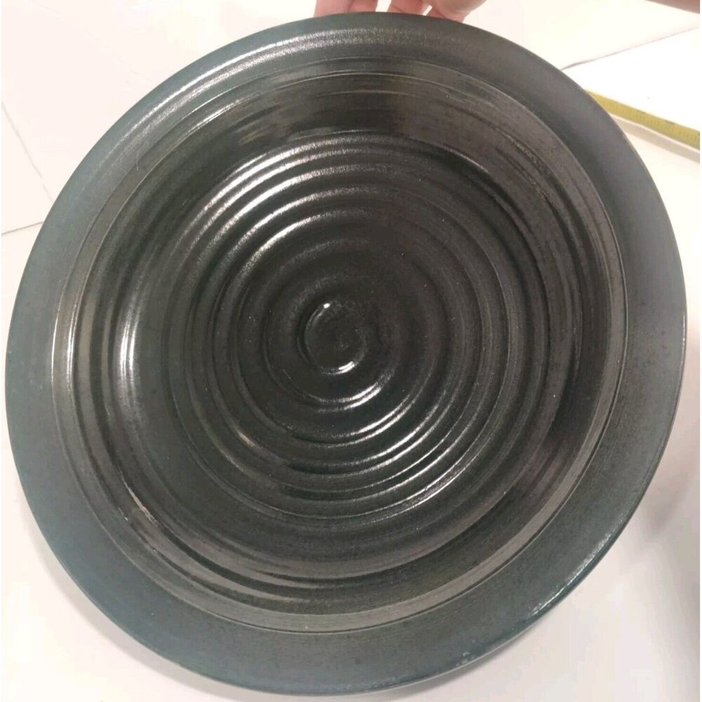Studio Art Pottery Platter / Bowl Swirls Solid Dark Green/Black? 13x13x2" Signed